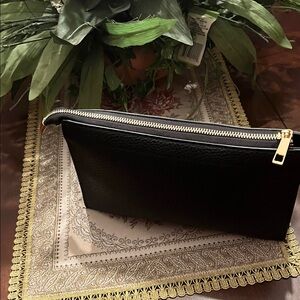 Black Leather Clutch with Gold Zipper